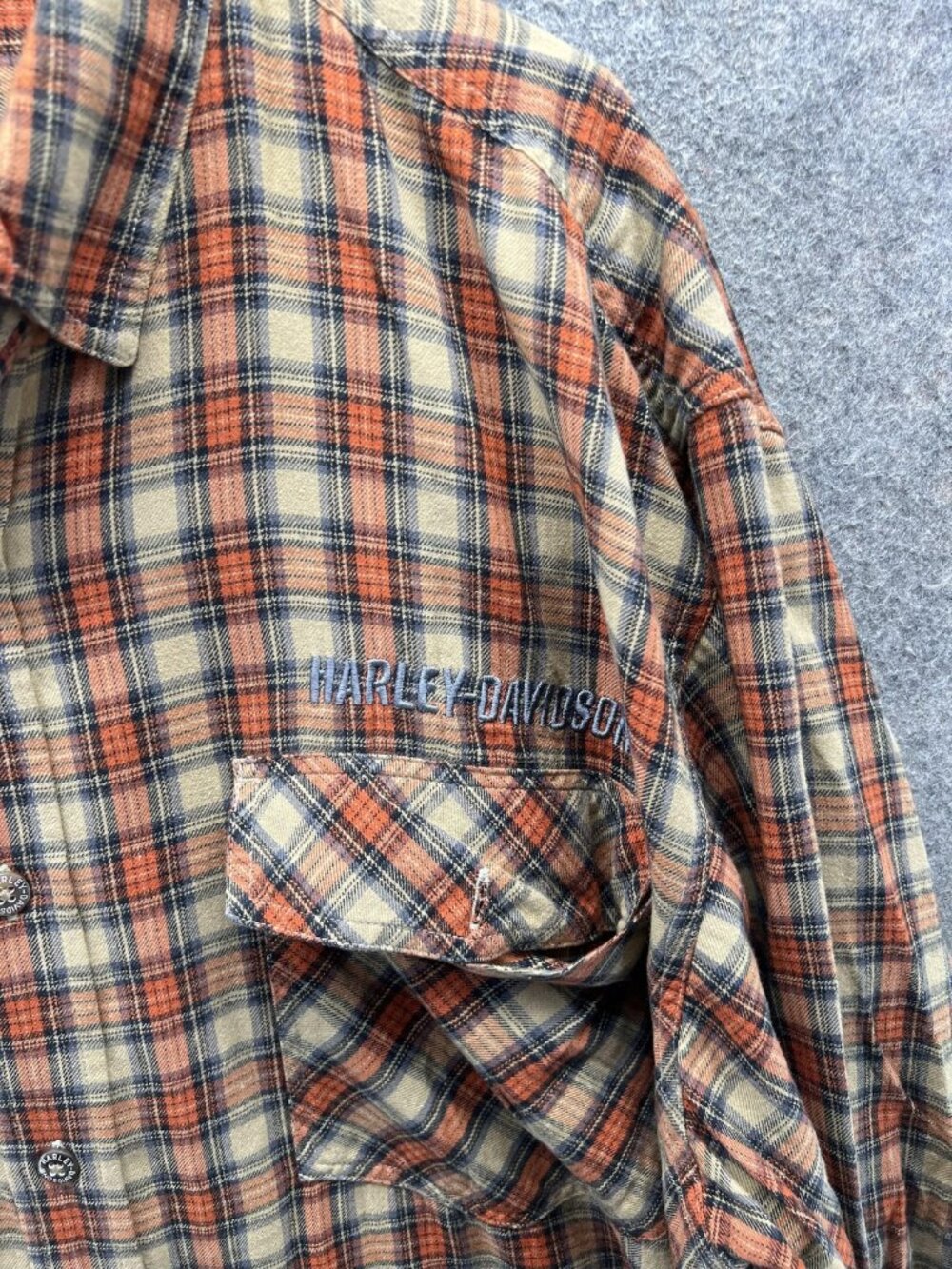 Harley-Davidson Shirt Mens XL Orange Plaid Long Sleeve Snap Front Flannel Casual - Picture 6 of 10